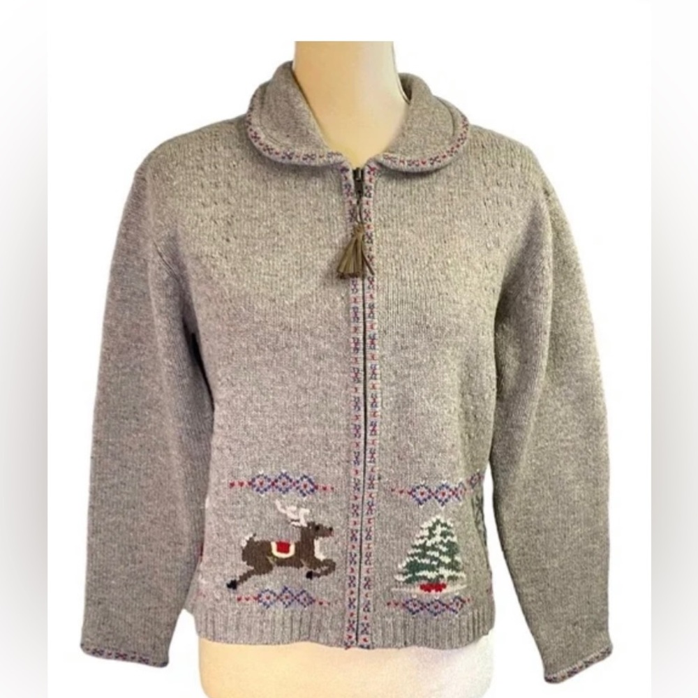 Talbots Vintage Lambswool Zip Front Christmas Sweater Cardigan